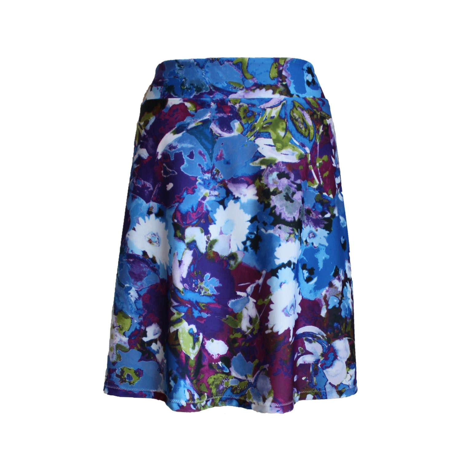 Abstract Floral Print Jersey Knit Travel Skirt in Blue and Purple, "Recollection" Skirt