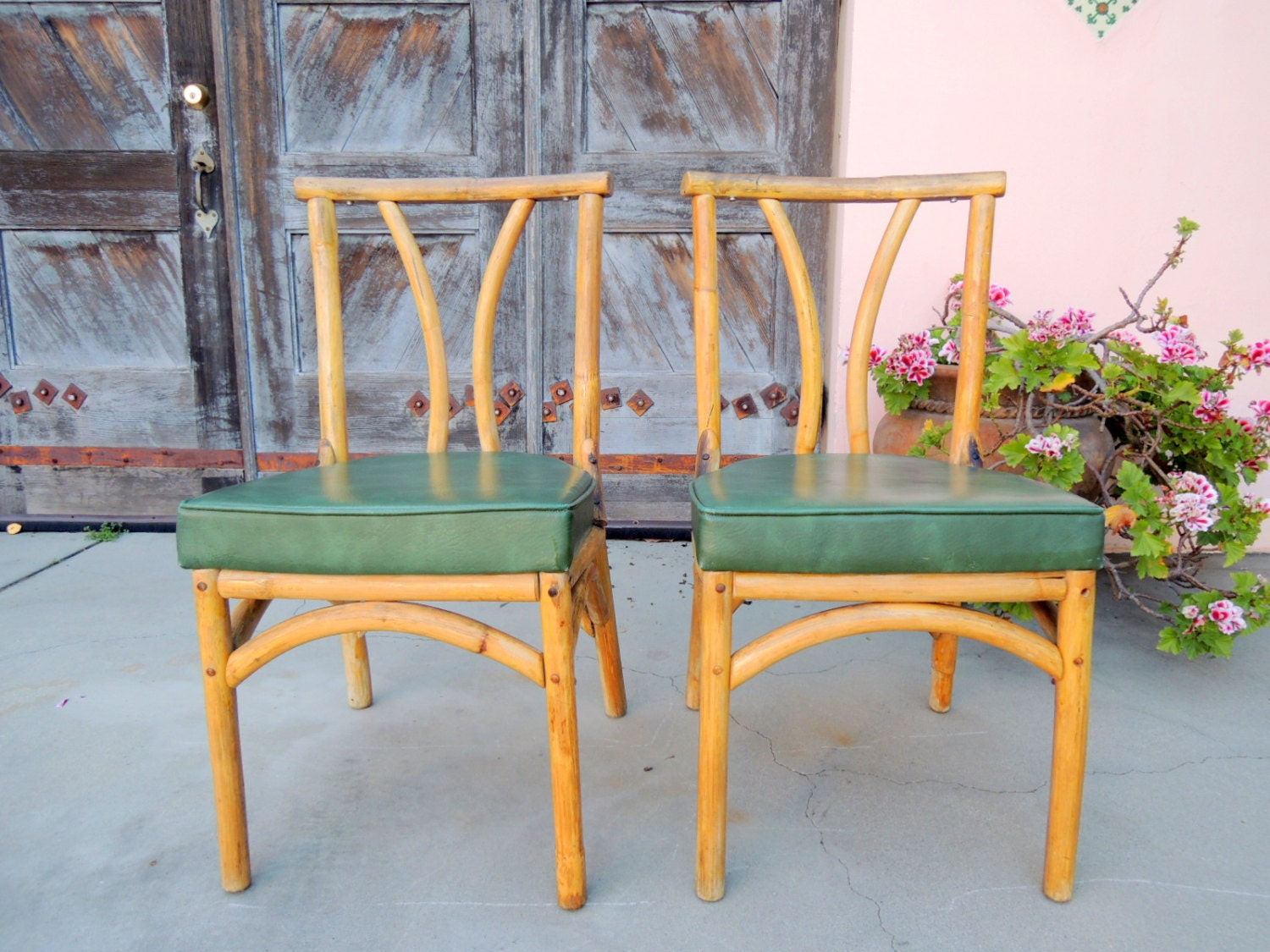 Pair of Mid Century Modern Bamboo Chairs with Green Vinyl Seats  (Los Angeles)