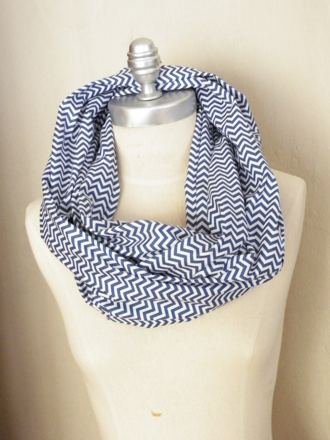 Infinity Scarf, Chevron Pattern, Denim Blue and White Cotton Fabric Loop Scarf, Zig Zag Print