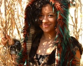 Fur HOOD FoRreSt FOX Brown // Green // Black -- faux fur animal hat // flannel lined . secret pocket . paws . handmade // funky fun retro