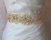 Champagne Bridal Sash, Lace Wedding Belt, White, Champagne, White or Ivory Rhinestones and Pearls Flower Sash  - SUMMER COTTAGE