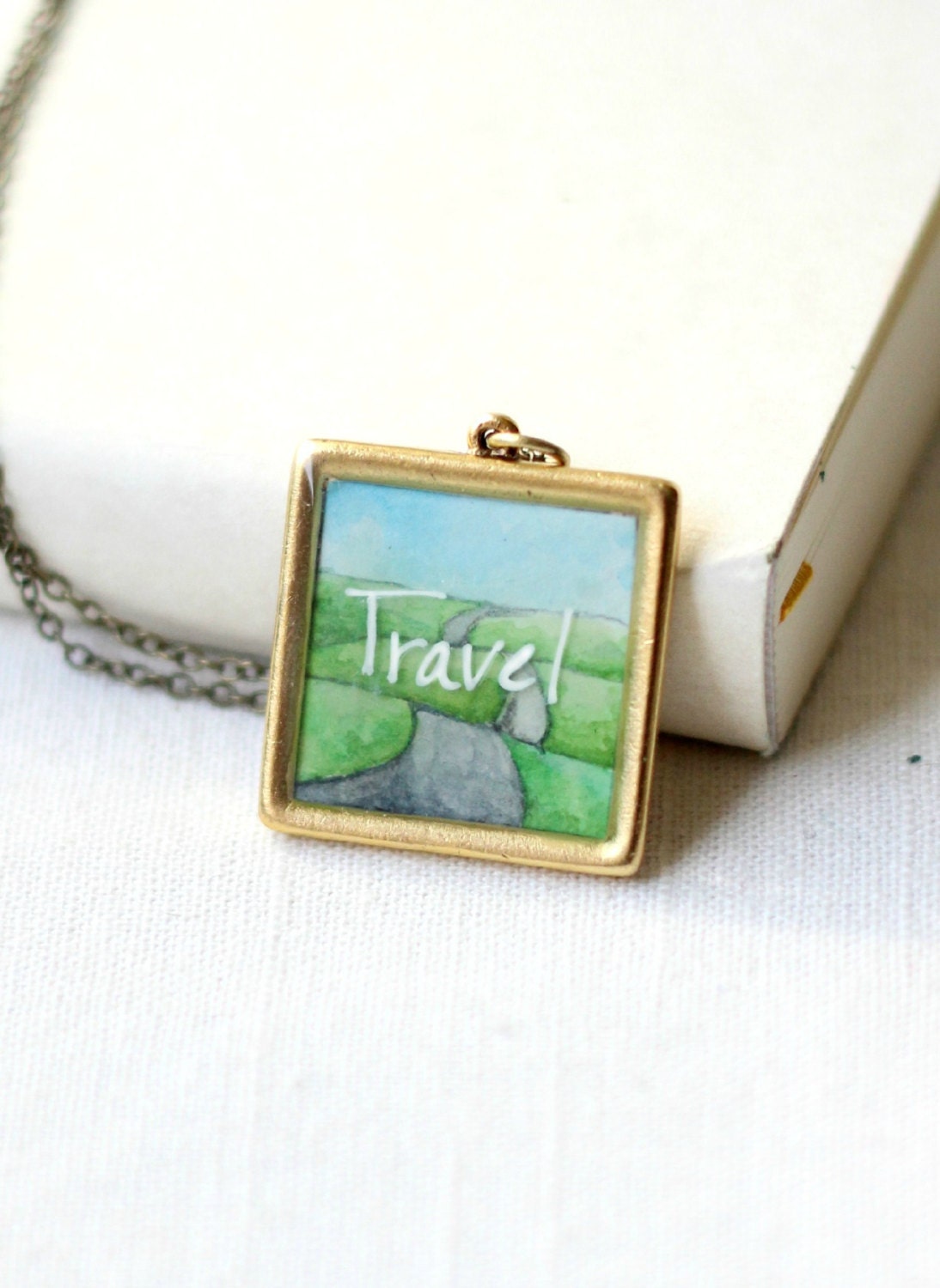 Travel necklace, wanderlust pendant, hand painted jewelry, traveller gift, one of a kind