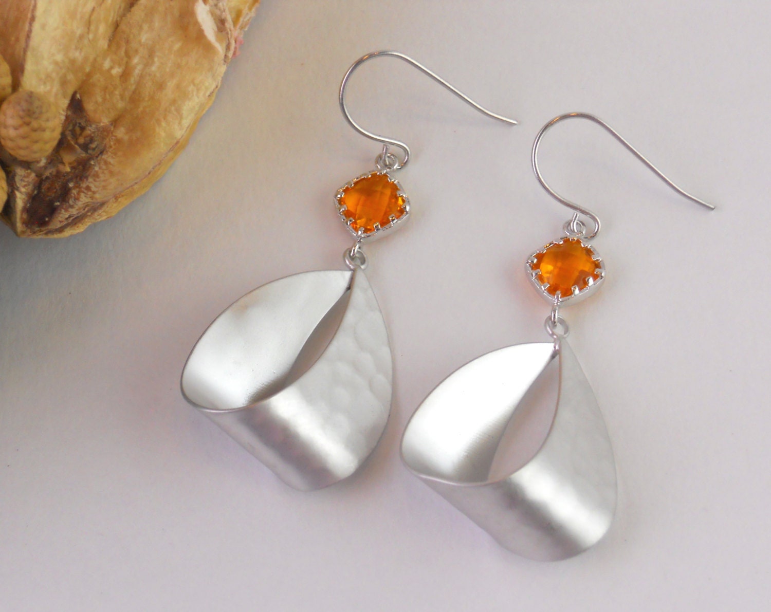 Silver Drop  Earrings, Dangle, Wedding earrings, TearDrop earrings, Fireopal/ Orange Faceted glass, Cluster Earrings, Bridal earrings