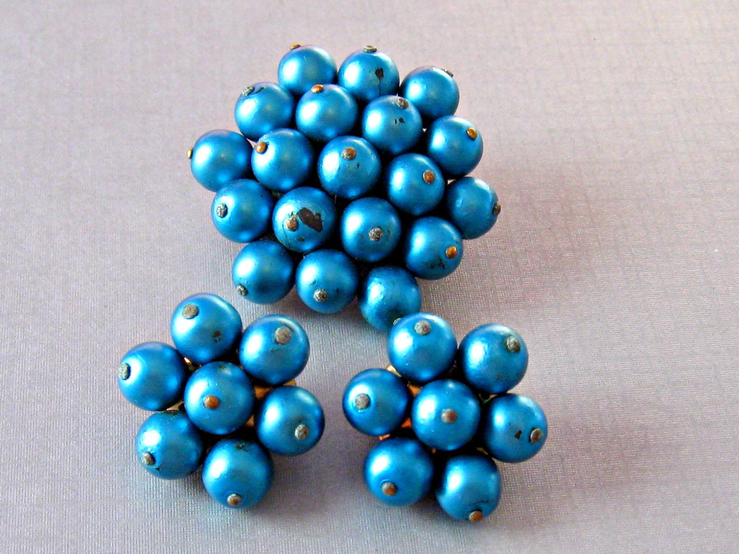 Vintage Metallic Blue Bead Brooch and Earrings Western Germany