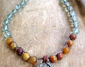 Boho crochet necklace Bohemian jewelry - Beach Retreat - pendant necklace bronze flower, leather, aqua jade beach jewelry, sundance