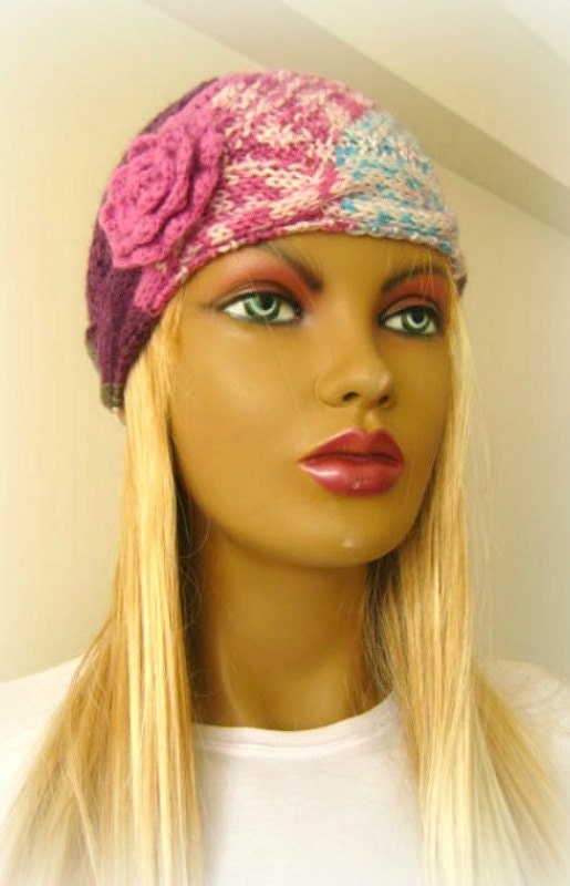 Winter Hat - Pink Hat, Beret - Pink, Blue, Burgundy, Green and Ivory Cable Beanie with Pink Flower - Gift for Her - Ready for Shipping