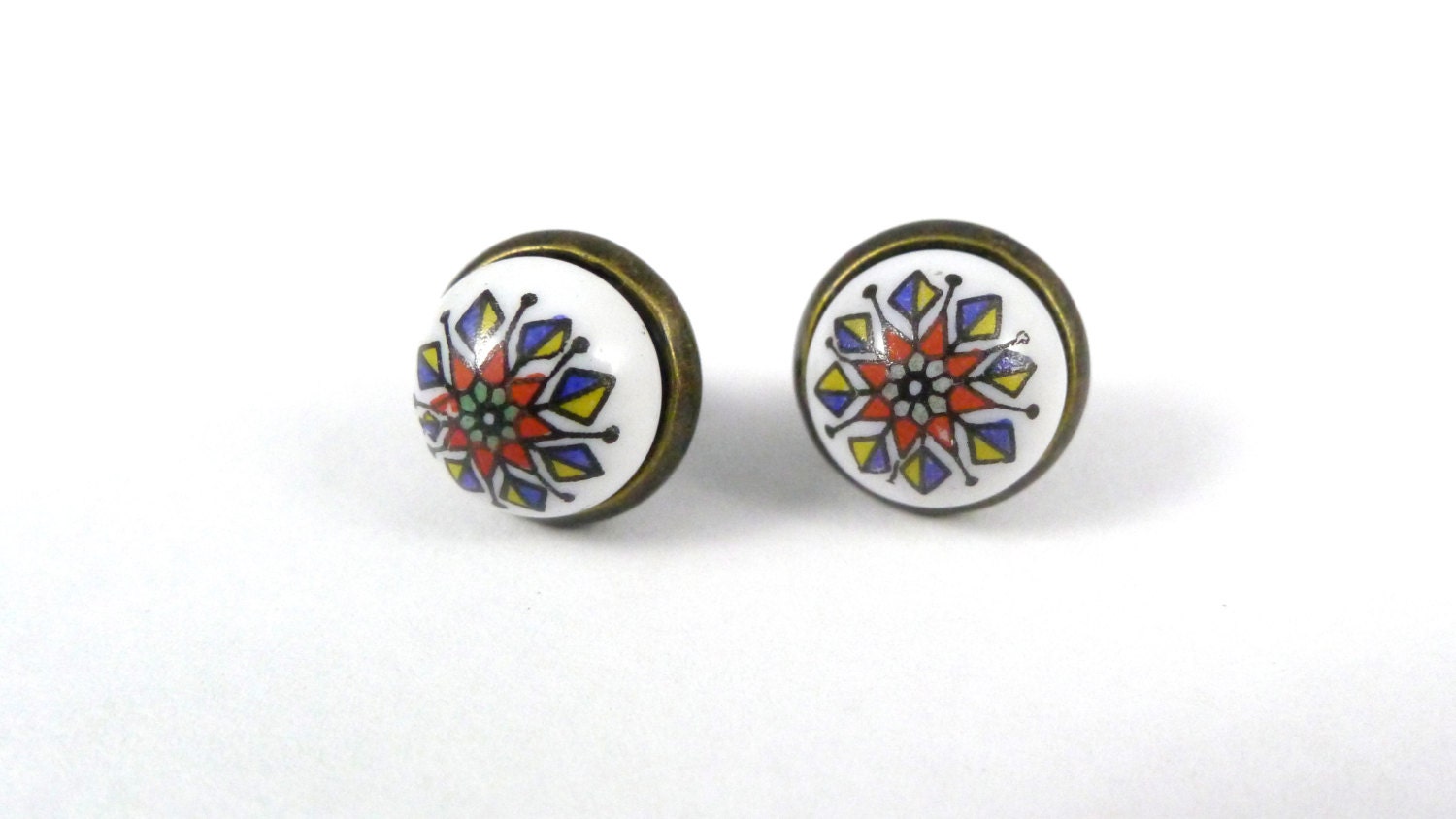 Indian Star Earrings, Vintage Glass on Antiqued Brass Posts, Boho Hippie Style, Handmade Jewelry