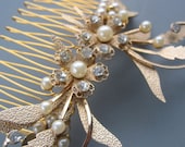 Love Blossoms, Vintage Gold and Pearl Hair Comb - Vintage Assemblage