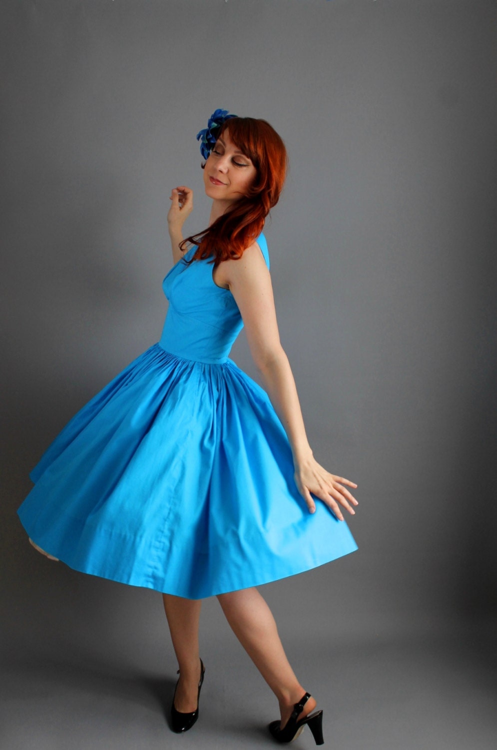 1950s Deep Aqua Blue Party Dress. Weddings. Pin-Up. Mad Men Fashion. Summer Cotton Dress. Size Medium