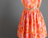 1950s Orange Pink Bright Floral Dress. Party Dress. Cocktail Dress. Day Dress. Wedding Bridesmaid. Mad Men. Summer Cotton Dress. Size Medium