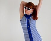 1960s Royal Blue White Stripe Mod Dress. Petite. Day Dress. Wiggle Dress. Office. Resort. Mad Men Fashion. Size Medium