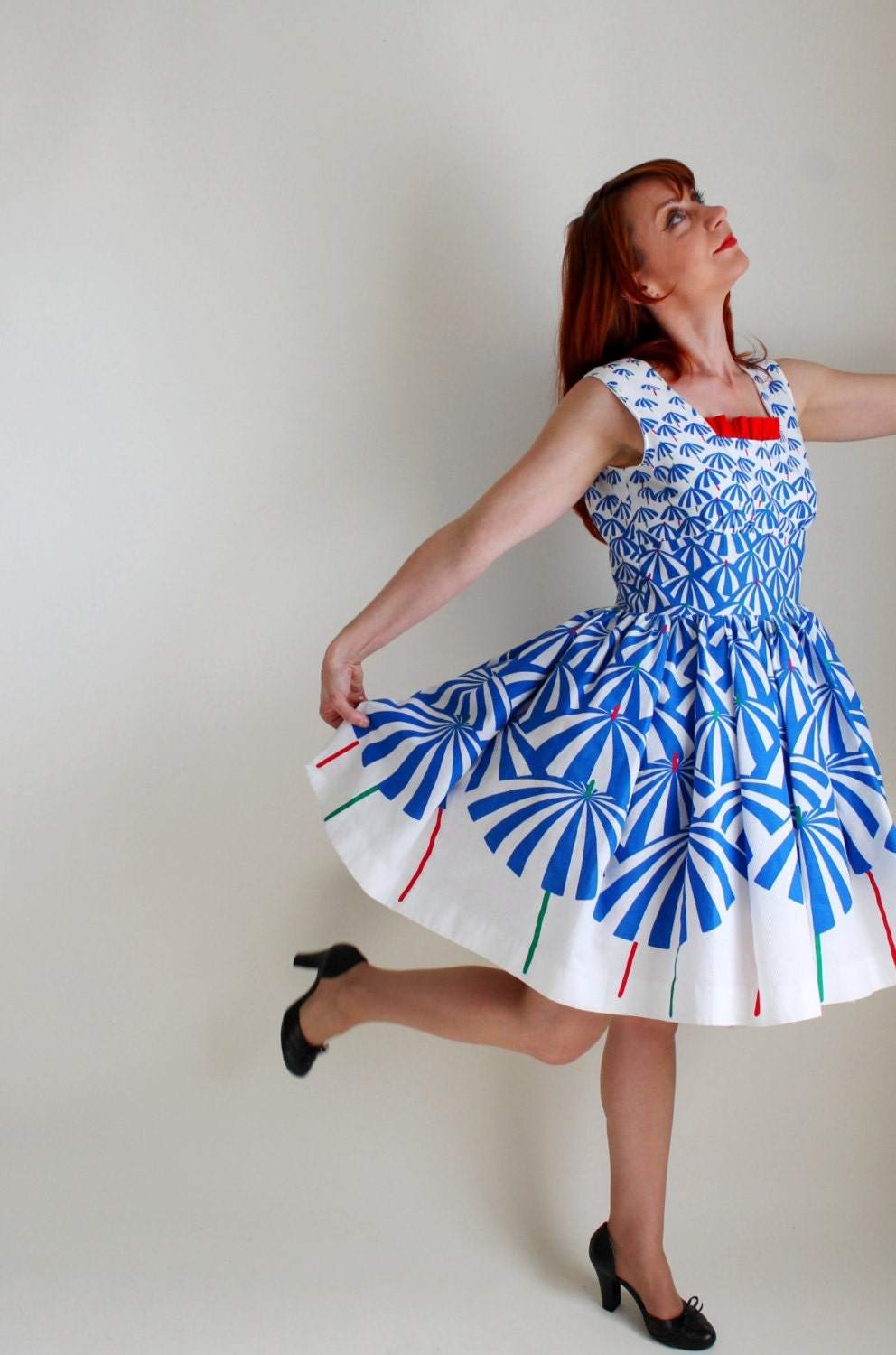 1950S Royal Blue White Print Party Dress. Day Dress. Mad Men Fashion. Weddings. Summer Cotton Dress. Size Large