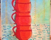 5x7 Painted Pottery No 8- original colorful folk art still life small painting kitchen table