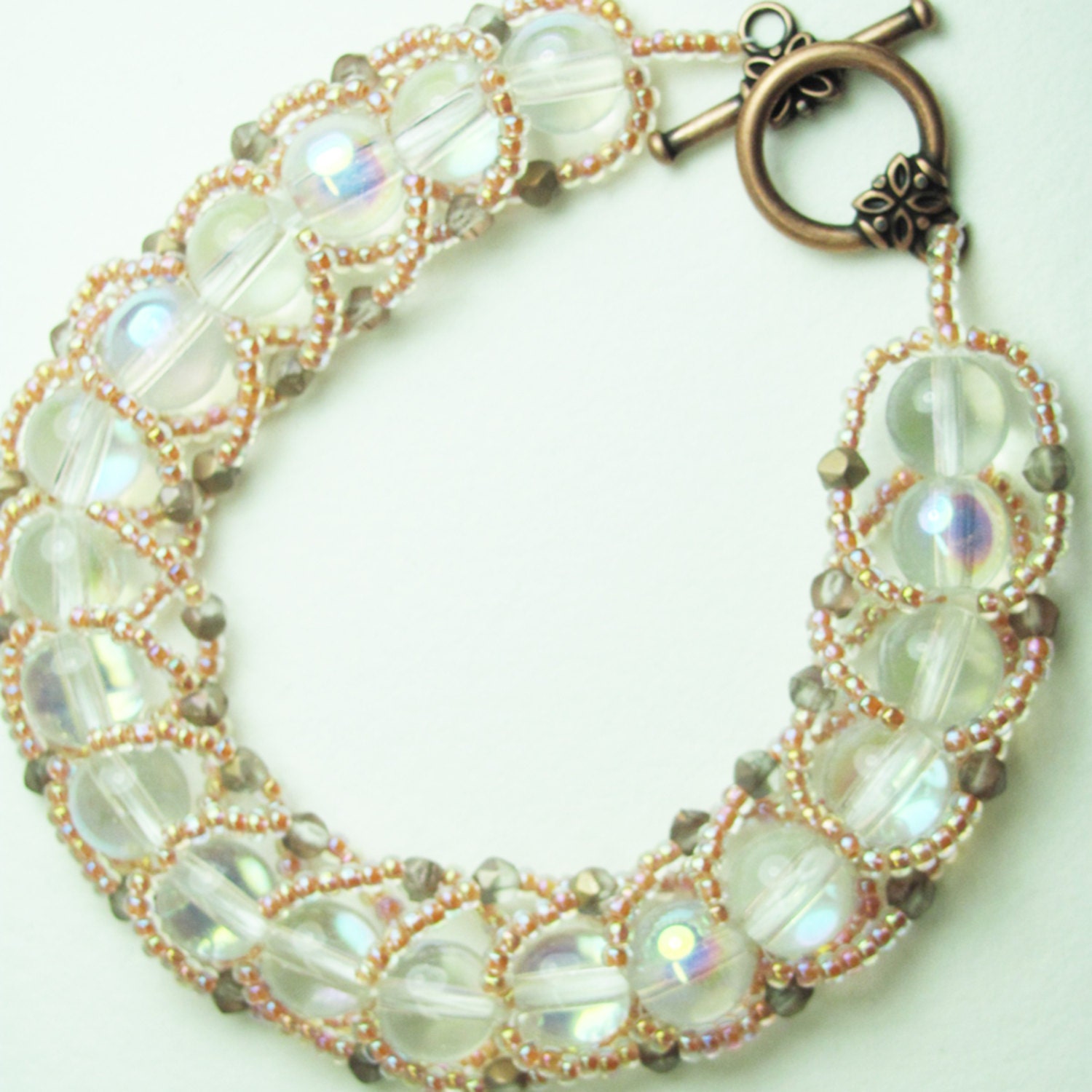 Beadwork Bracelet - Flat Spiral Stitch - Light Peach AB and Iridescent AB Crystal Round Beads with Gold Fire Polished Beads - SRAJD