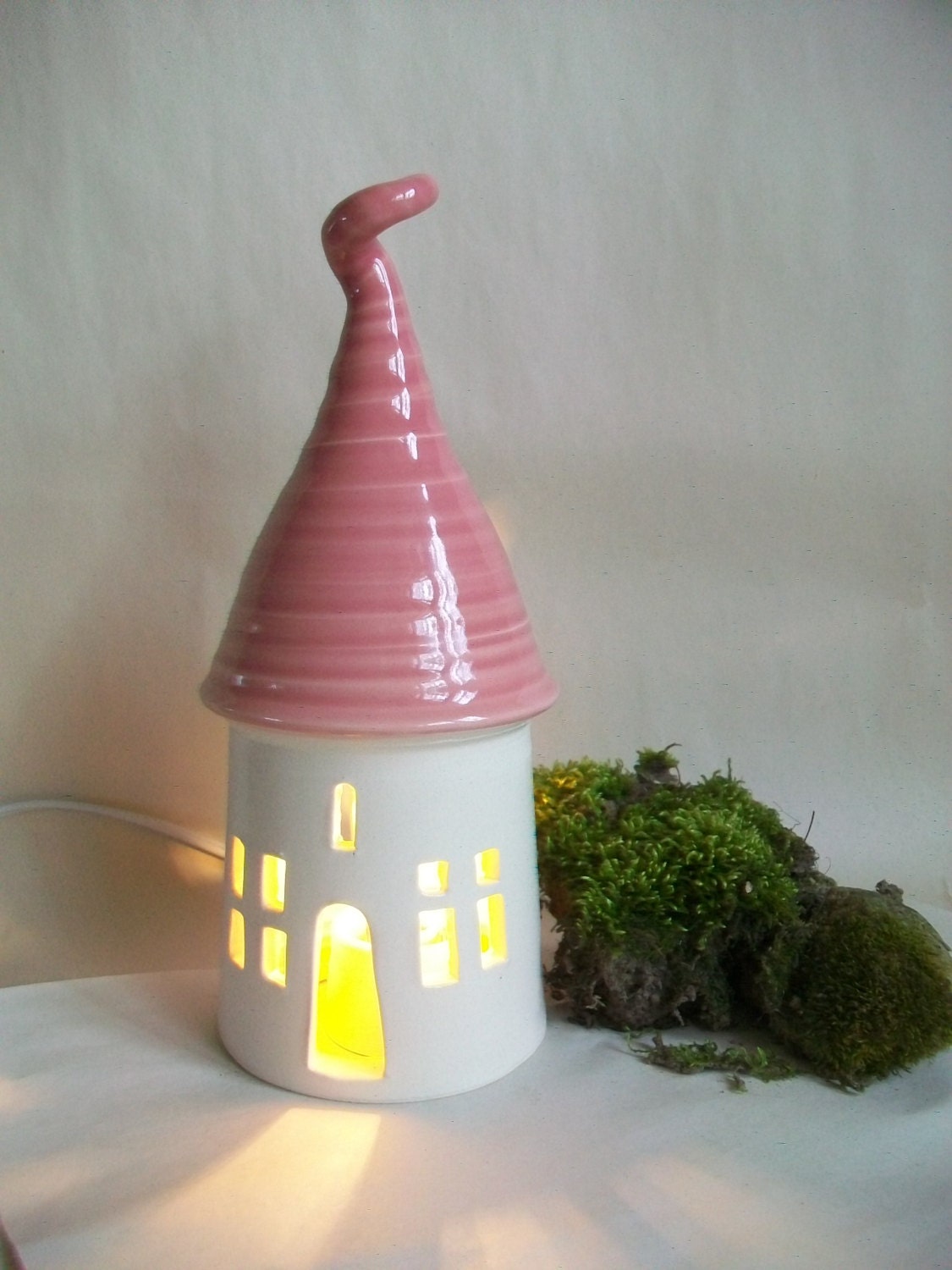 Fairy House/ Night Light - with a  Pink Roof -- Going Green - Geo-Thermal