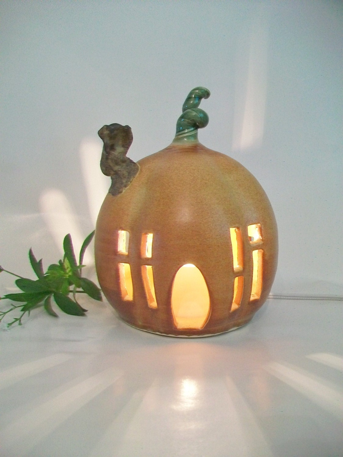 Pumpkin Fairy House / Night Light --  Larger Size  --  Handmade, Wheel Thrown