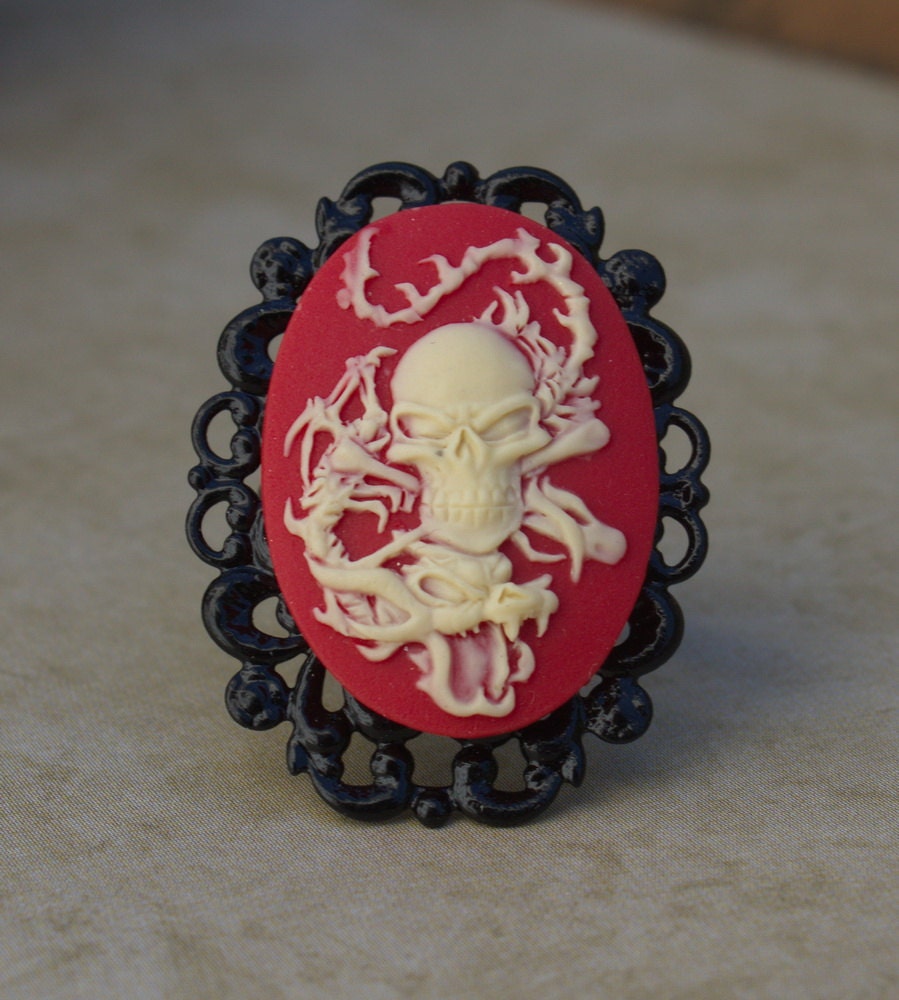 Beware the Jabberwocky Red Cream and Black Cameo Ring