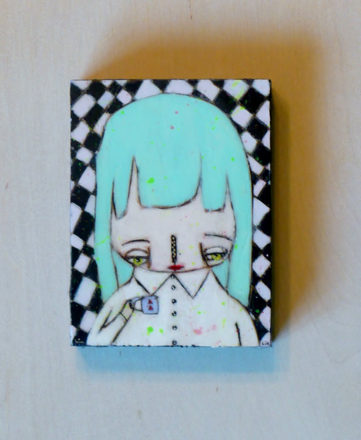 Coffee or tea time folk art painting mixed media bees wax encaustic acrylic original 3x4 inches