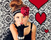 Red Satin Singed Flower with Pearl Acccent on Tulle, Pearl and Rhinestone Elastic Headband . Perfect I LOVE YOU Gift