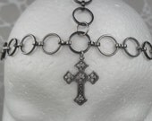 Head Chain - Hair Accessory - Asymmetrical Large Link Gunmetal Black chain with extra Chains and Charms - Cross, Fan, Skull, Heart, Swan