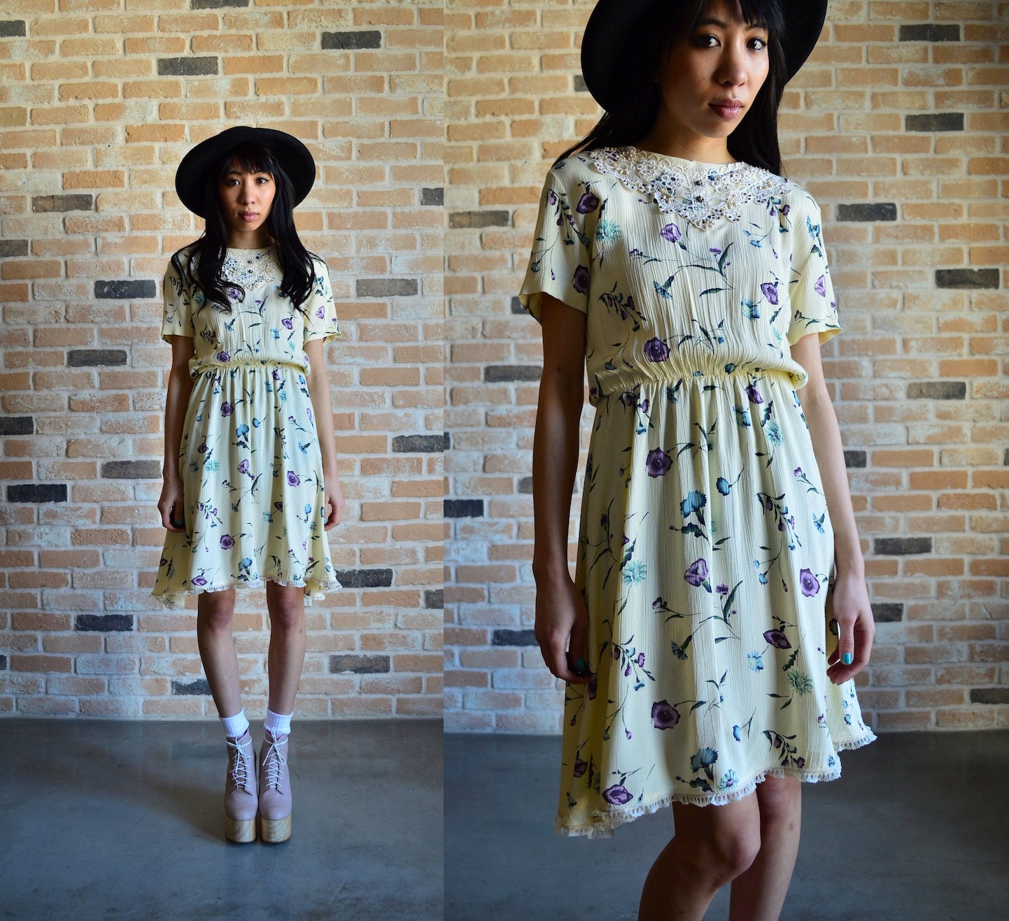 80s floral baby doll Dress - lace applique collar - ruffle hem - adorable sun dress -  small S