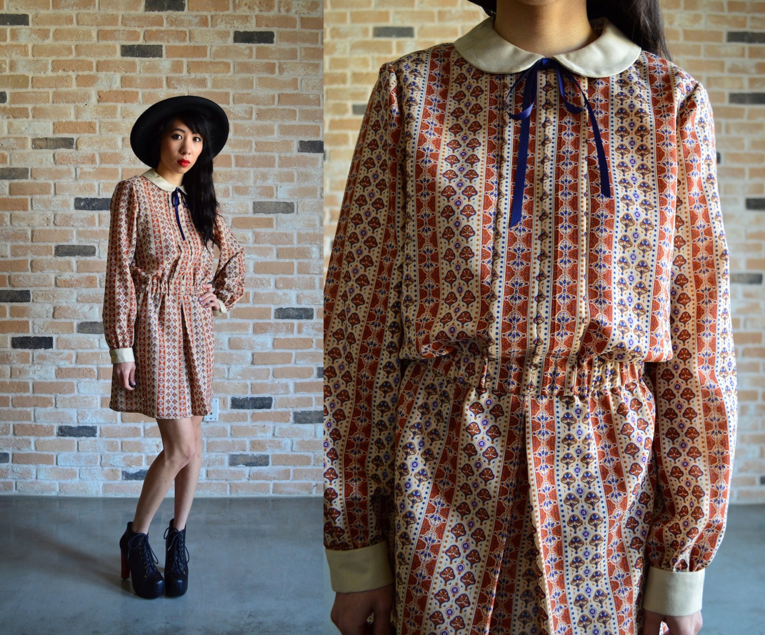70s peterpan collar dress - allover printed - cute ribbon tie collar - preppy schoolgirl - small S medium M