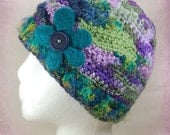 Freeform Crochet Hat with Felted Button Flower - Blue, Green, and Purple
