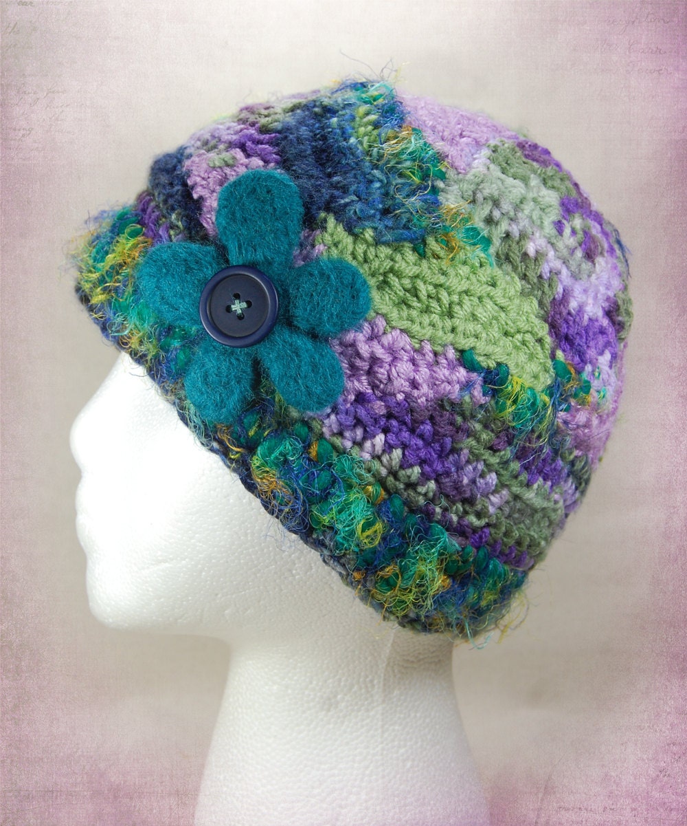 Freeform Crochet Hat with Felted Button Flower - Blue, Green, and Purple