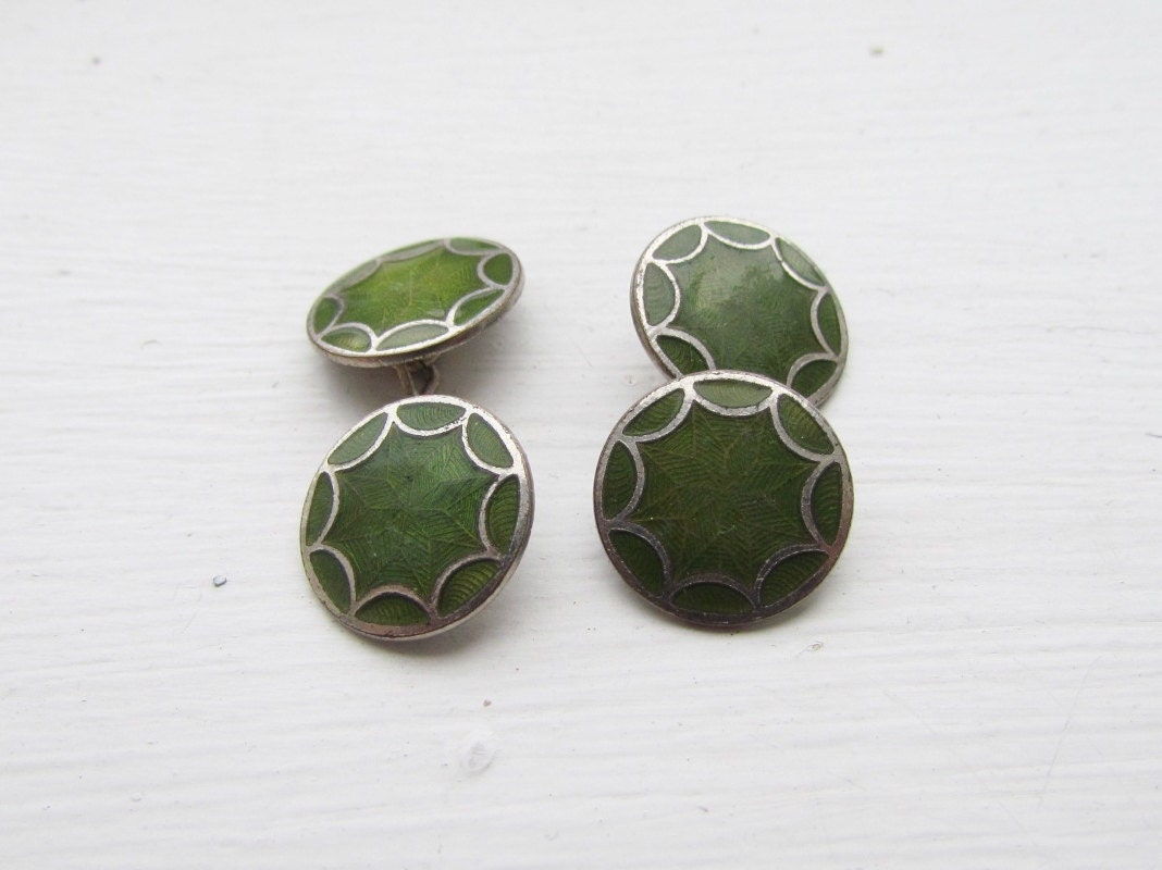 Antique Cuff Links Green Plique a Jour Enamel c.1910