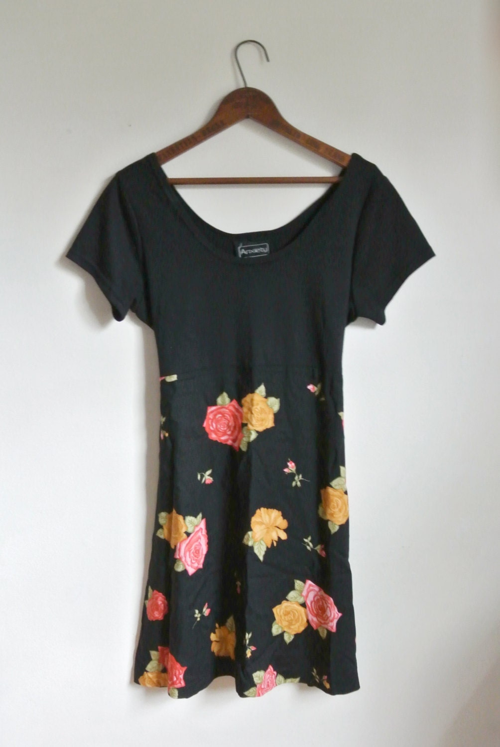 Vintage Black and Floral Print Dress - 1980s Baby Doll Dress