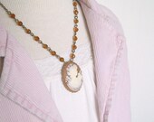 Antique Style Cameo Necklace. Amber Glass Beaded Cameo Pendant. Handmade Jewelry.