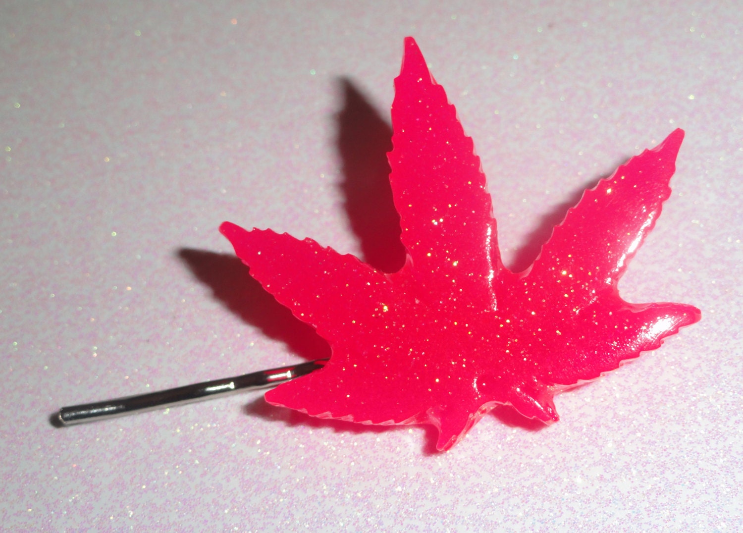 Marijuana Leaf Bobby Pin Hair Clip - Resin Glitter - FUCHSIA BERRY DANK