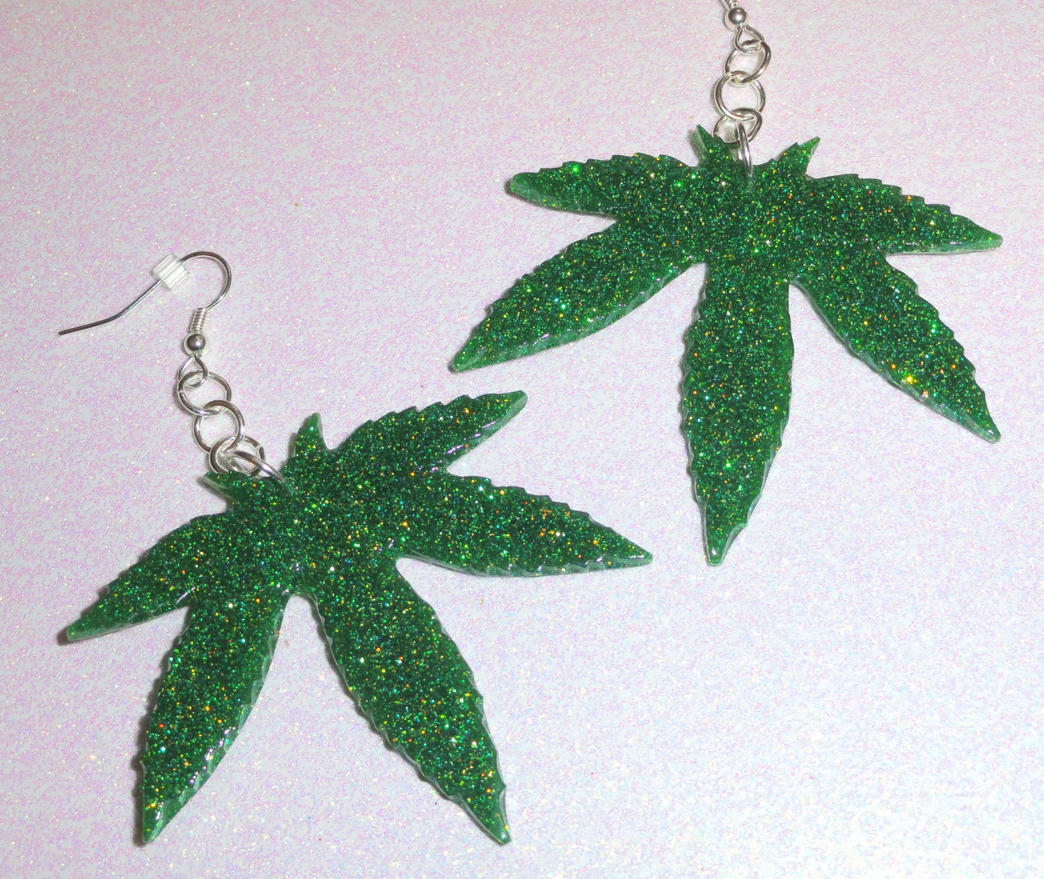 Marijuana Leaf Earrings - Green Glitter Resin - Size Large - SOUR APPLE