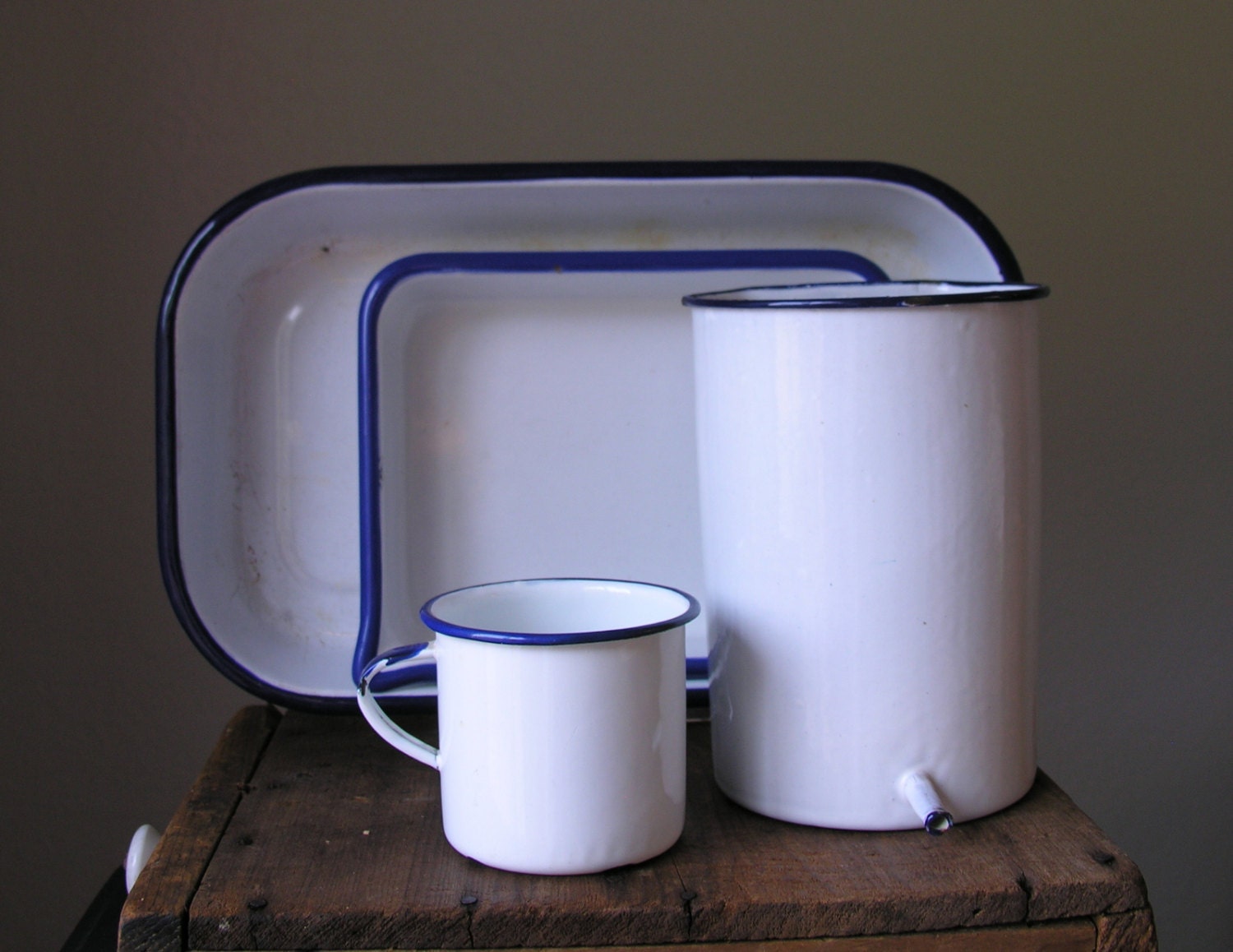 Vintage Enamelware Instant Collection Pans Cup Enema Douche Primitive Blue White Enamel Rustic Western Farmhouse