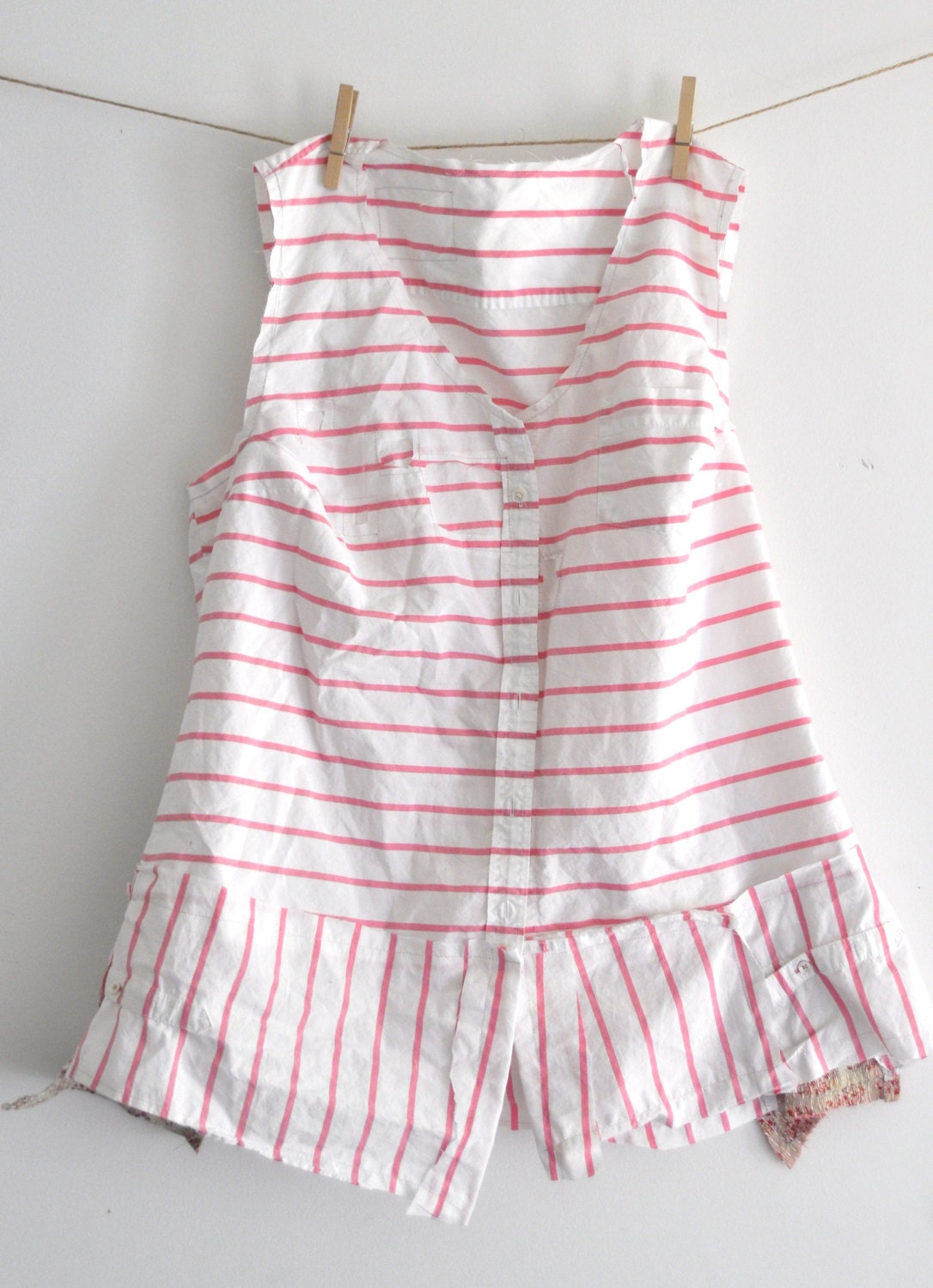 Pastel Dress shirt button up tunic asymmetrical eco fashion reconstructed dip hem bohemian beach classic asian inspired stretch Large