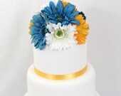 Wedding Cake Topper- Turquoise, Yellow Gerbera Silk Flower Wedding Cake Topper