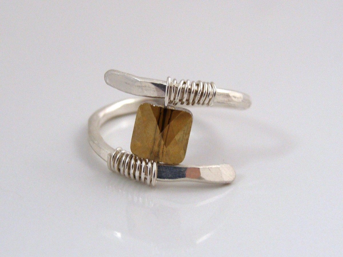 Fine silver hammered ring with metallic bronze Swarovski crystal