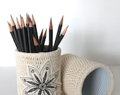SINGLE Crochet Pencil Holder Up-cycled Office Organizer FLOWER Handmade Gifts Organic Home Decorating