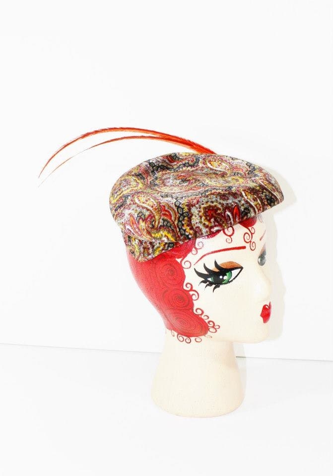 Vintage 1960s Millinery Crushed Velvet Orange Feather Hat