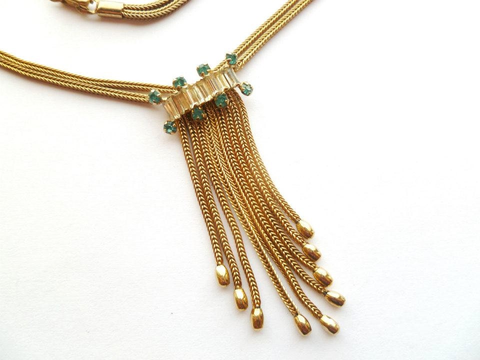 1960s Tassel Snake Chain Necklace Blue and White Rhinestone Necklace Vintage Designer