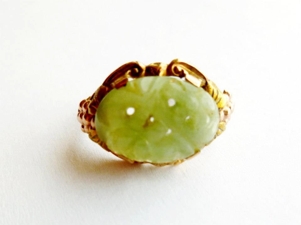 Antique Chinese 10k Jade Art Deco Ring 1940s Jewlery