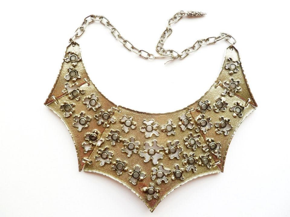 Vintage Goldette Necklace Massive Collet Silvertone Breastplate Egyptian Revival Collar