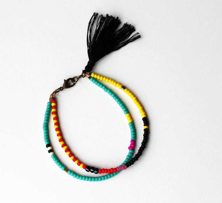 Beaded Tribal Bracelet - Layering Bracelet - Friendship Bracelet - Bracelet with Tassel - Double Strand Bracelet