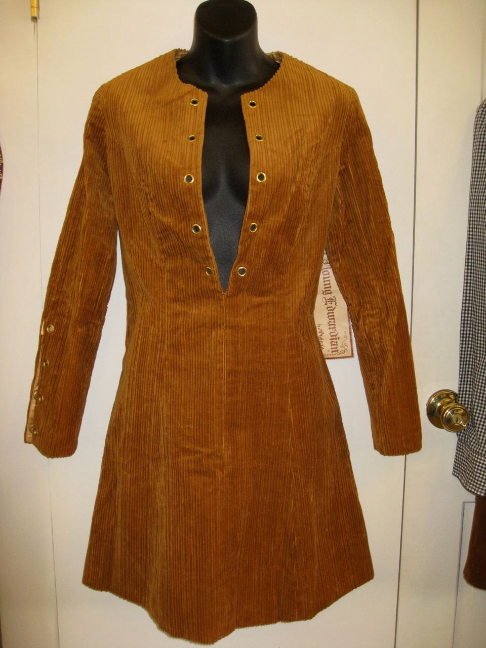 Vintage Deadstock 1960's Young Edwardian by Arpeja Lace-up Gold Corduroy Mini Dress size Large