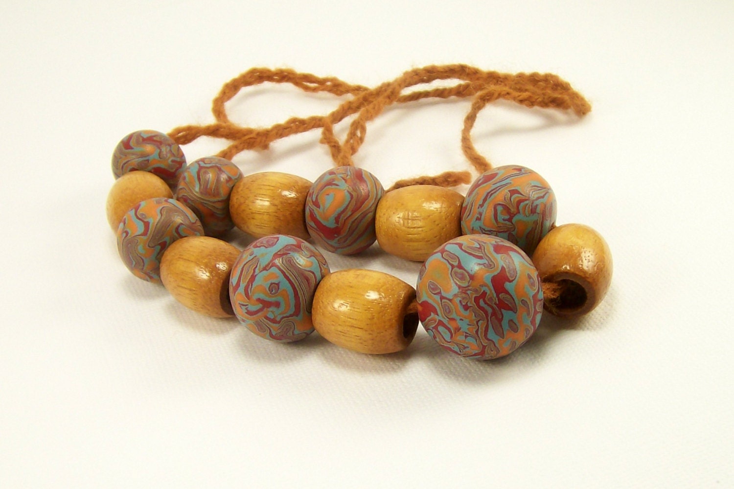 Polymer Clay Jewelry/Turquoise Red and Orange/Wood and Clay Beaded Necklace/Tribal Necklace/Beaded Jewelry/Handmade Jewelry