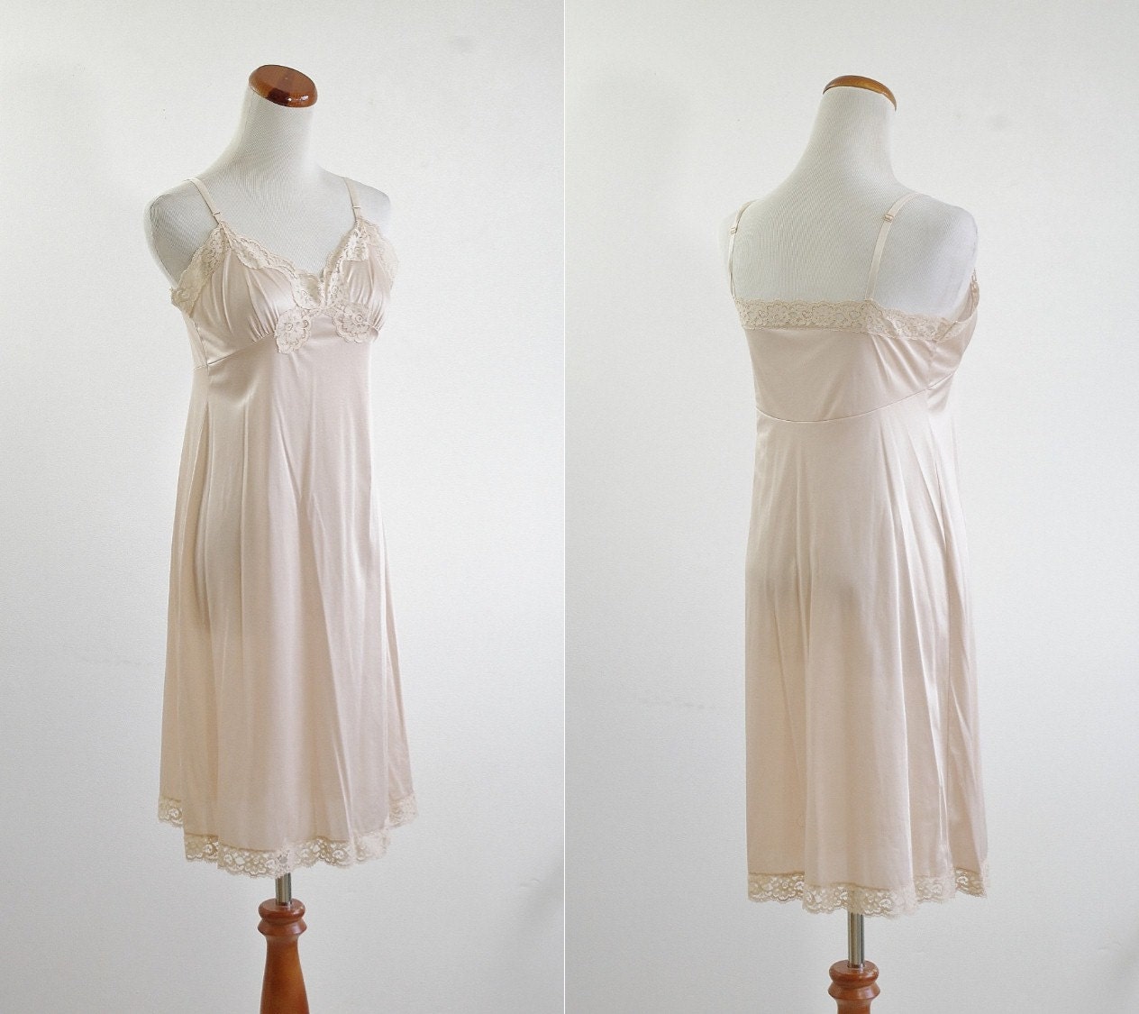 Vintage Nylon Slip -- Lace Lingere -- Beige Nude Slip -- Small