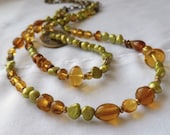 Ancient Chinese Coin Beaded Necklace Olive Green & Amber Gold
