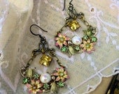 Spring Fling, Enamel Flowers and Rhinestone Vintage Assemblage Earrings