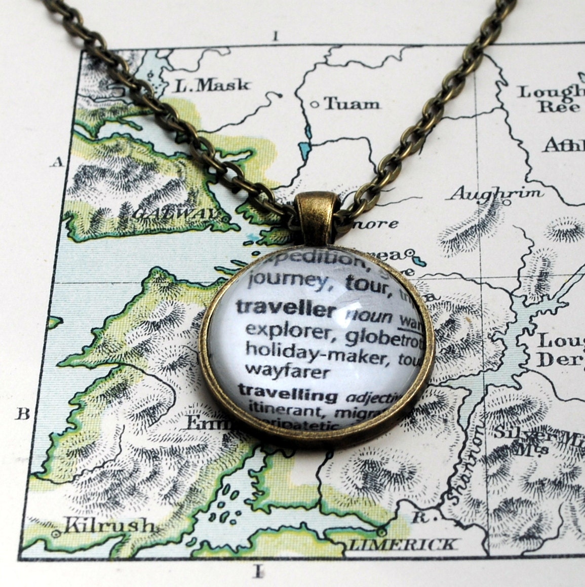 World Traveller Pendant  Necklace Dictionary Words