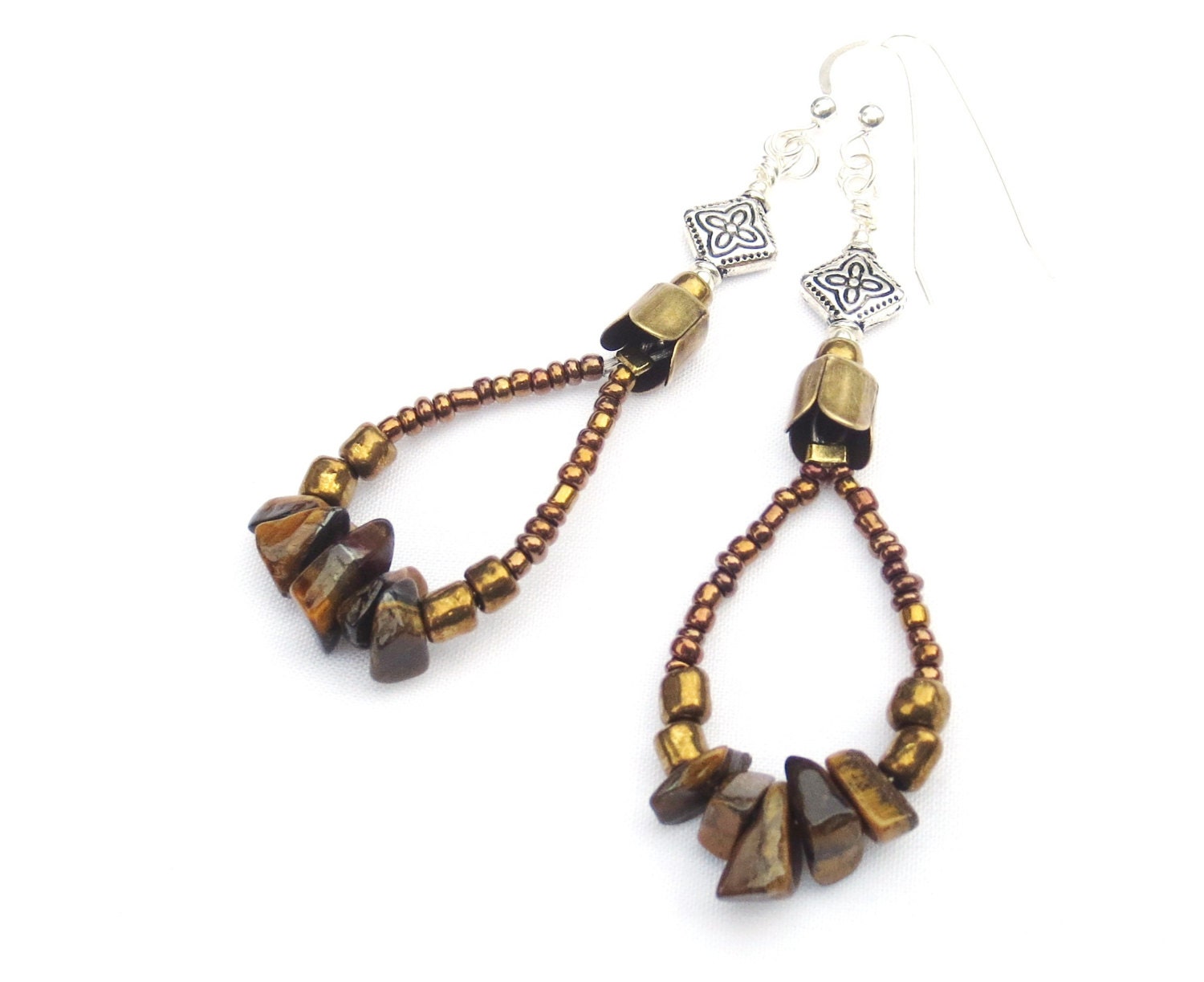 Bronze Dangle Earrings, Boho Hippie Earrings, Tiger Eye Chips, Rustic Bronze Beaded Earrings, Sterling Silver Wires, Bronze and Silver
